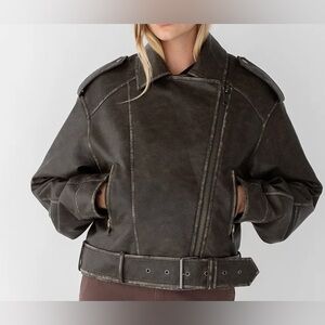 OAK + FORT Dark Brown Asymmetric Leather Moto Jacket
